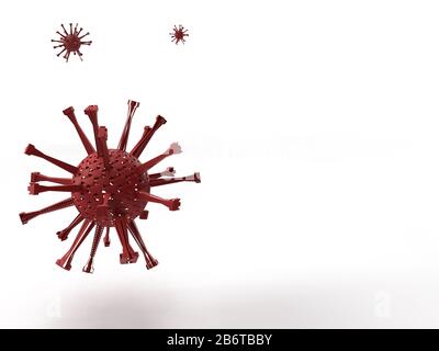 3D-Rendering des roten Coronavirus-Modells im weißen Hintergrund mit Leerzeichen für Text. Stockfoto