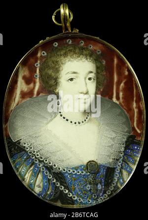 Porträt von Henriette Maria von Frankreich (1609-1669). Frau von Karl I. von England. Büste, rechts. Teil der Sammlung Portretminiaturen. Hersteller : Maler John Hoskins dating: 1620 - 1664 Physikalische Merkmale: Miniatur auf Kartonmaterial: Pappe Gold Glas Abmessungen: Stütze: H 6,2 cm. B × 5,1 cm Außenabmessungen: H 7,7 cm. (Inkl. Liste, und Auge) × w 5,2 cm. (Inkl. Liste) d × 0,8 cm. Onderwerpwie: Henriette Maria von Frankreich (Königin von England, Schottland und Irland) Stockfoto