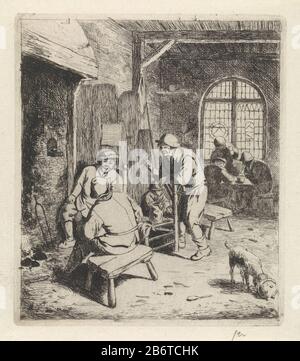 Herberginterieur traf sich in einem Gasthaus mit rauchenden Bauern und einem Kamin mit rokenden Boeren. Einer von ihnen sitzt auf einem Hocker, von hinten gesehen. Rechts im Vordergrund ein Hund, der aus einem Krug isst. Im Hintergrund drei trinkende Bauern auf tafel sitzen. Hersteller: Druckmaschine: Johannes Christiaan Janson zum Zeichnen: Adriaen van Ostade Datum: 298 - 1823 Physikalische Merkmale: Radierung; Proofing Material: Papiertechnik: Ätzmaße: Plattenkante: H 116 mm × W 101 mm Betreff: Gasthaus, Kaffeehaus, öffentliches Haus, usw. Tabak (+ nehmen (besonders) Lebensmittel: Essen, Trinken, Smoki Stockfoto