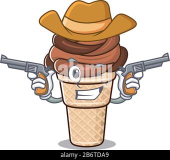 Lustige Schokoladeneis als Cowboy-Zeichentrickfigur, die Waffen hält Stock Vektor