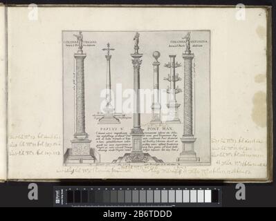 Herdenkingszuilen Monumenten en gebouwen opgericht tijdens de pontificaten van pausen Paulus V en Sixtus V (serietitel) Zes herdenkingszuilen te Rom: De Zuil van Trajanus, de zuil opgericht voor koning Hendrik IV van Frankrijk, de Colonna della Pace, de Milliarium de Aurelium de Aurelium de Aurelium de Austrata. Pent maakt deel uit van een Album. Hersteller : Hersteller: Matthäus Greuteruitgever: Matthäus Greuter (vermeld op object)verlener van privilege: Paulus V (vermeld op object)Plaats Herstellen: Prentmaker: Romeuitgever: Romeverlener van privileg: Vaticaanstad: 16 Stockfoto