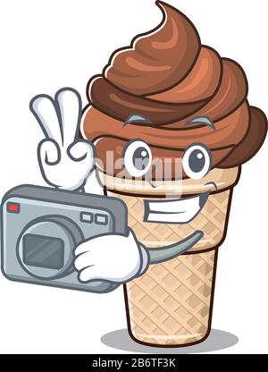 Schoko-Eiscreme-Maskottchen als professioneller Fotograf mit Kamera Stock Vektor