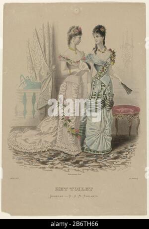 Het WC, 15 januari 1879, Nr. 7 Zwei Frauen im Inneren: Links ein Abendkleid mit Zug, rechts eng gekleidet mit Girlanden. Drucken Sie das Modemagazin The Toilette aus (1877 -?) Hersteller Schöpfer:. Druckerhersteller A. Chaillot (denkmalgeschütztes Gebäude), entworfen von Guido Gonin (denkmalgeschütztes Gebäude) Herausgeber: Hendrik Adriaan Marius Roelants (denkmalgeschütztes Gebäude) Drucker: Falconer ( nach Objekt aufgelistet) Ort Herstellung: Verleger: Schiedam Verlag: Paris Datum: 1879 Physische Merkmale: Enra, handfarbenes Material: Papiertechnik: Handfarbe / Engra (Druckverfahren) Abmessungen: Blatt: H 363 mm × W 262 mm Betreff: F Stockfoto