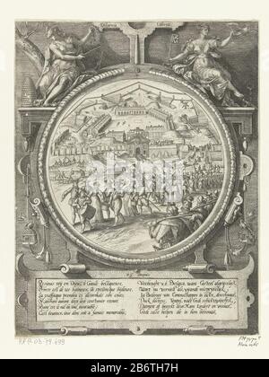 Am 23. August 1577 trafen die Medaillonen von Antwerpen auf die Festung von der Bevölkerung von Antwerpen, 23. August 1577. Zug der Einwohner von Antwerpen bewaffnet mit Spaten und Körben auf dem Weg zur Zitadelle. Im Hintergrund der Abriss und die Ausgrabung der Festung. Vorstellung in einem runden Medaillon mit ornamentalem allegorischen Rahmen mit oben sitzenden weiblichen Personifikationen von Diligentia und Libertas. Eine Kartusche mit zwei Versen von je sechs Zeilen in Französisch und Nederlands. Fertigung Stockfoto