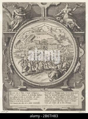 Am 23. August 1577 trafen die Medaillonen von Antwerpen auf die Festung von der Bevölkerung von Antwerpen, 23. August 1577. Zug der Einwohner von Antwerpen bewaffnet mit Spaten und Körben auf dem Weg zur Zitadelle. Im Hintergrund der Abriss und die Ausgrabung der Festung. Vorstellung in einem runden Medaillon mit ornamentalem allegorischen Rahmen mit oben sitzenden weiblichen Personifikationen von Diligentia und Libertas. Am Boden einer Kartusche mit 2 Versen je 6 Zeilen in Französisch und Nederlands Stockfoto