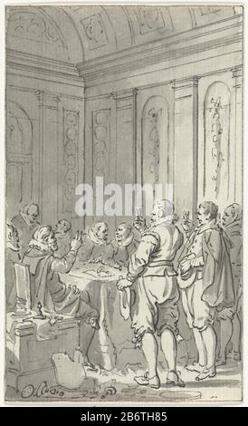 Het afzweren van Filips II door de Staten, 1581 Der Verzicht des spanischen Königs Philipp II. Durch die USA, 26. Juli 1581. Innenbereich Wo: Bei Mitgliedern der States-General den Eid abzulegen. Am Boden die zerbrochenen Arme und Siegel von Philipp II Entwurf prent. Hersteller : Zeichner Jacobus Kauft Postproduktion: Niederlande Datum: 174-15 Physische Merkmale: Stift und Bürste in grauem Material: Papiertinte Technologie: Stift/Bürste Abmessungen: Blatt: H 150 mm × W 90 mmToelichtingOntauptekening zur Veranschaulichung in: James Cook, Vaderlandsch Wörterbuch, Johannes Allart, Amsterdam 1785-1799, 35 Teile, Vol. Stockfoto