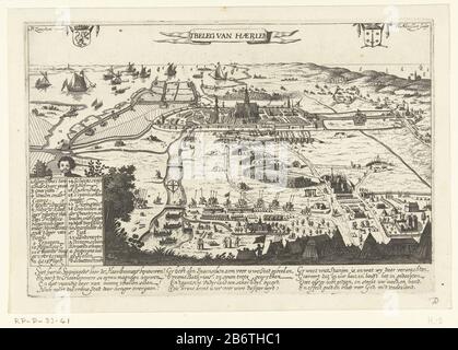 Het belag van Haarlem, 1572-1573 TBelag van Haerlem (titel op object) Überblick über die Belagerung der Stadt Haarlem in der Umgebung in einer Übersichtsseite. Im Vordergrund das Lager der spanischen Truppen am Huis ter Kleef. Oberer linker Arm von Holland, rechter Arm von Haarlem. Unten links eine Kartusche, die von einem jungen Mann mit der Legende 1-21, A-B und A-B auf Niederländisch gehalten wurde. Ein Banner mit dem Titel und den Armen von Holland und Haarlem platziert. Mit der Unterschrift von drei Versen von vier Zeilen auf Niederländisch: Quarzit wie Spanjaerds hier benouwen die Haerlem Mers! [...] Ersteller Der Herstellung:. Druckerhersteller Willem Ou Stockfoto