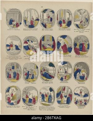 Het leven van Christus Leaf mit 20 ovalen Medaillons mit Szenen aus dem Leben Christi, wo: Unter Christi Geburt, die Flucht nach Ägypten, das Kreuz und die Himmelfahrt Christi tragen. Unter jedem wird eine Beschriftung in Niederländisch und Französisch angezeigt. Nummeriert oben Mitte: 206. Hersteller : Herausgeber: Philippus Jacobus Brepols Druckautor: Anonymer Ort Herstellung Turnhout dating: 1800 - 1834 Physische Merkmale: In Blau und Gelb gefärbter Holzschnitt; Textdruckmaterial: Papiertechnik: Holzschnitt / Farben / Druckformate: Blatt: H 383 mm × W 308 mm Betreff: Serie von Szenen aus dem Leben der Passion Christi von Stockfoto