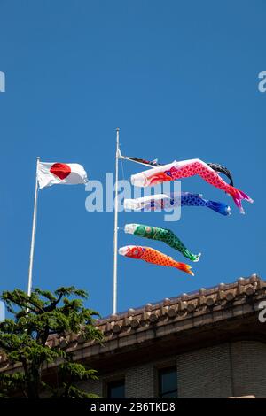 Japanische Koinobori-Fahnen für den Kindertag auf blauem Himmel Stockfoto