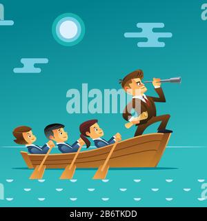 Teamwork-Konzept. Geschäftsmann mit Spyglass Lead Business Team segelt auf Boot im Ozean. Vektorgrafiken im Cartoon-Stil. Stock Vektor