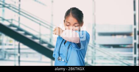 Roman Coronavirus 2019-nCoV Wuhan chinesische Krankenschwester oder asiatische Ärztin Frau Arbeiter niesen in Arm bedeckende Mund und Nase während der Huste der Grippe. Panorama-Banner zum Schutz vor Viren. Stockfoto