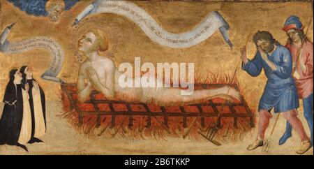 Het martelaarschap van Sint-Laurentius, met twee benedictinessen, SK-A-4001 Das Martyrium des heiligen Laurentius. Rechts, um zwei Scharfrichter zu sehen, links zwei Benediktsinnen, die Gründer. Zwischen den Wolken erscheint der Kopf Gottes, am Himmel erscheinen auch zwei Bänder mit lateinischen Opschriften. Hersteller : Maler: Jacobello del Fiore Herstellung: Venedig Datum: Ca. 1425 Physische Merkmale: Tempera auf Plattenmaterial: Plattenmaße: Stütze: H 38 cm. B × 70,5 cm. Betrifft: St. Laurence wird auf einem Gridiron geröstet (+ Spender(e), Supplikant(e), Auch mit Schutzpatron(en)) Stockfoto