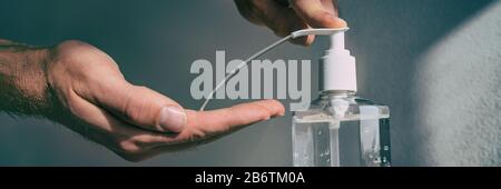 Handdesinfektionsmittel Alkoholgel reiben Reinigungshände zur hygienischen Prävention von Coronavirus Pandemie-Banner Panorama-Kopfzeile. Stockfoto