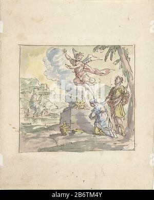 Het offer van Manoach Draft schildering. Hersteller : Künstler Elias Nijmegen Datum: 1677 - 1750-560 Physikalische Merkmale: Stift in braunen Farbtönen in Aquarell, Bleistift-Material: Papiertinte Aquarellbleistift-Technik: Pinsel/Stift Abmessungen: H 250 mm × W 202 mm Betreff: Manoahs Opfer; der Engel steigt in die Flamme Stockfoto