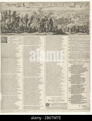 Het ontzet van Bergen op Zoom door prins Maurits, 1622 Die Erleichterung von Bergen op Zoom durch den Armeeprinzen Maurice am 3. Oktober 1622 Wo: Ende der gescheiterten Belagerung der spanischen Armee unter Spinola und Velasco, 18. Juli bis 3. Oktober 1622. Der Fürst zu Pferd, der darauf zurückzuführen ist, dass Offiziere von einer Delegation von Stadtbewohnern begrüßt wurden. Fest Eingeklemmt unter der Show eine Textseite mit vier Textspalten und einer Hymne mit Notenstöcken zu prins. Hersteller: Druckmaschine: Anonymer Autor: Jan Jansz Starter (Listed Property) Ort Herstellung: Nordniederland Datum: 1622 Physische Merkmale: Radierung Stockfoto