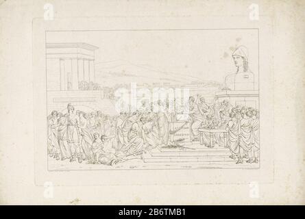 Het orakel bepaalt de namen van de jongeren die aan Minotaurus geofferd moeten worden Auf einem großen Platz in Athen ist eine große Gruppe von Menschen versammelt. Eine Erhöhung ist eine Urne, Bei Der aus dem orakel die Namen der athenischen Jugendlichen bestimmt werden, die dem Minotaur-Monster geopfert werden müssen. Verließ den griechischen Helden Theseus, die Probe wird schließlich töten und die Athener werden den letzten einlösen. Hersteller: Druckmaschine: Reinier Vinkeles (I) (denkmalgeschütztes Gebäude) zum Malen: Mattheus Ignatius van Bree (denkmalgeschütztes Eigentum) Ort Herstellung Amsterdam Datum: 1690-17616 Physische Merkmale: Ätzmaterial: Papier Stockfoto