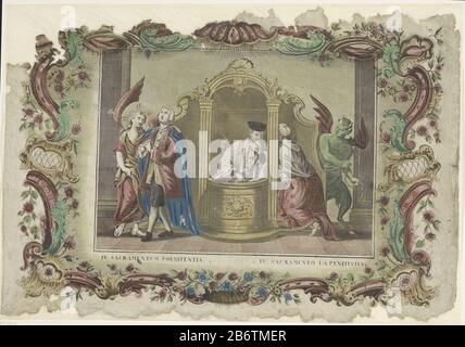 Het sacrament van de biecht IV Sacramentum poenitentia IV Sacramento la penitentia (titel op object) De zeven sacramenten (serietitel) das Bußakrament: Ein Priester befindet sich in einem Beichtstuhl und hört auf die Geständnisse einer knienden Frau, die eine Kette um ihre Taille hat, die von einem Teufel gehalten wird. In einen jungen Mann gelassen legte ha sein Geständnis ab, den Beichtweg, die Hände klafften, seine Augen zum Himmel erhoben. Neben ihm läuft ein Engel, der Arm um seine Schulter. Titel in zwei Sprachen ​​under Leistung. Die Szene ist in einem Ornamentrand festgehalten. Hersteller : der Druckhersteller Giovanni Volpatouit Stockfoto
