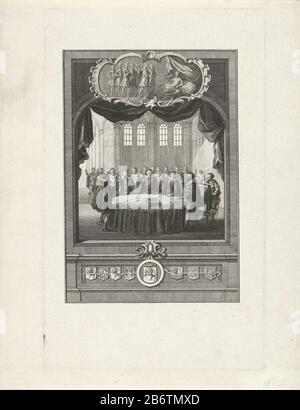 Het sluiten van de Unie van Utrechter, 1579 Schließung der Utrechter Union. Blick ins Innere mit einem Vorhang nach oben Wo: In einer Gruppe von Männern, die um einen Tisch stehen, werfen Sie einen Eid ab 23. Januar 1579. Ganz oben eine Kartusche mit einer Darstellung des Falles von Graf William III. Im Jahr 1336. Unter den Armen der sieben Provinzen. Hersteller: Druckerhersteller Jan Caspar Philips Herstellung: Nordniederland Datum: 1760-0 Physikalische Merkmale: Ätzmaterial: Papiertechnik: Ätzmaße: Plattenkante: H 236 mm × W 144 mmToelichtingVolgens Muller als Illustration in: Const verwendet Stockfoto