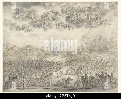 Het vertrek van Karel II uit Scheveningen Vertrek van koning Karel II van Engeland vanuit Scheveningen, 1660 Die Abreise des englischen Königs Karl II. Von Scheveningen nach England, 2. Juni 1660 Folge während seiner Tour und Abreise aus den Niederlanden. Verbindet die Kutschen mit dem König und seinen rechten Fahrern, Gewehren und Zuschauern auf den Dünen. Auf See warten die Schiffe, um den König nach England zu bringen. Luftgetragener Putti und Fame mit den Armen des englischen Königs und einer Band. Entwurf prent. Hersteller: Künstler: Adriaen Pietersz. Van de Venne (persönlich unterzeichnet) Herstellung: Nordniederland da Stockfoto