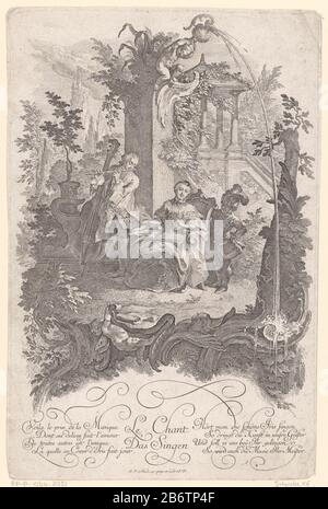 Het zingen Le Chant das Singen (titel op object) In einer Landschaft ist eine Frau auf einem Stuhl mit einem offenen Buch auf dem Schoß geschlagener Musik. Zu ihrer linken spielt ein Mann auf einer Flöte, er steht neben einem Bassviol. Rechts neben der Frau ist ein Junge. Rund um die Schau ein Rocaillerahmen mit Wassergutto. Am unteren Rand zweimal ein vierzeiliger französischer und deutscher Tekst. Hersteller : Druckerhersteller Johann Esaias Nilson (denkmalgeschütztes Gebäude) in seiner Gestaltung: Johann Esaias Nilson (denkmalgeschütztes Gebäude) Verleger Johann Esaias Nilson (denkmalgeschütztes Eigentum) Ort Herstellung: Augsburg dating: 1731 - 1788 Körperliche Merkmale: En Stockfoto
