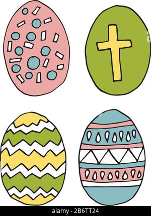 Easter Eggs Set, verschiedene Dekoration, bunte, handgezeichnete Illustration. Strichkunst Stock Vektor