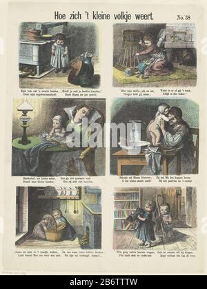 Hacke zich 't keine volkje weert (titel op object) Meijers Pränen (serietitel) Leaf mit sechs Vorstellungen von Kindern Wo: Bei einem Mädchen mit schwarzen Händen, einem Kind mit Taube, einer schlafenden Mutter mit Kind und zwei Kindern mit Vaterstock und Stiefeln. Unter jedem Bild eine vierzeilige, frisch in zwei Spalten. Oben rechts nummeriert: Nr. 38. Hersteller : Herausgeber: De Ruyter & Meijer Druckautor: Anonymer Ort Herstellung: Amsterdam Datum: 1874 Physische Eigenschaften: Farblithograph in Gelb, Grün, Orange, Blau und Rot; Textdruckmaterial: Papiertechnik: Farblithograph (Prozess) / Prin Stockfoto
