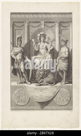 Hollandse maagd geflankeerd door Mars en Mercurius titelpagina voor Jean le Clerc, Geschiedenissen der Vereenigde Nederlanden, deel 2, 1730 Holland-Jungfrau mit Pfeilen auf dem Sitz, auf beiden Seiten Mars und Merkur. Zu ihren Füßen liegt die niederländerin leeuw. Hersteller: Druckerhersteller John Willemsz. Munnickhuysen (denkmalgeschütztes Gebäude), entworfen von Gerard de Lairesse (denkmalgeschütztes Gebäude) Herausgeber: Zacharias Chatelain (II) Ort Herstellung: Amsterdam Datum: 1730 Material: Papiertechnik: Enna (Druckverfahren) / Ätzmaße: Plattenkante: H 296 mm × W 186 mmToelichtingTitelpagina für Le Clerc, Jean. H Stockfoto