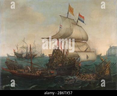 Hollandse schepen overzeilen Spaanse galeien onder de Engelse kust, 3. Oktober 1602, SK-A-460 über das Segeln niederländischer Schiffe spanische Galeeren vor der englischen Küste, 3. Oktober 1602. Schlacht Wo: Holländische Kriegsschiffe in den spanischen Galeeren rammen, im Hintergrund ein weiterer niederländischer fregat. Hersteller : Maler Hendrik Cornelisz. VROOM-Maler Cornelis Hendriksz. VROOM Datum: 1617 Physische Eigenschaften: Öl auf Leinwand Material: Öltuch Abmessungen: Stütze: 118 cm. B × 151 cm Außenabmessungen: 6,5 cm d. (Einschl. Träger SK-L-6190.) Betr.: Schlacht (+ Marine Force) Zerstörung spanischer Galeeren (1 Stockfoto