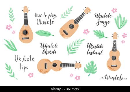 Satz Cartoon-Ukulele mit Beschriftungstext für Ukulele Kurs, Kanal, Logo Design. Kleine Gitarre mit tropischem Blatt und Blumenschmuck im stil von hawaii. Vektorillusorierung von handgezeichneter Stilistik. Stock Vektor