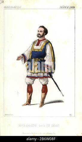 Gustave-Hippolyte Roger in der Rolle des Leon in "le Juif Errant" am Theater de l'Opera. Roger (1815-1879) war ein französischer Tenor. Handkolorierte lithograph von Alexandre Lacauchie aus der Galerie Dramatique: Kostüme des Theatres de Paris" Ca. 1860. Stockfoto