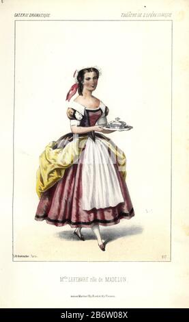 Mlle. Lefebvre in der Titelrolle von "Madelon", einer komischen Oper von Francois Bazin, im Jahr 1852. Constance-Caroline Lefebvre-Faure (1828-1905) war eine französische Mezzopranistin. Handkolorierte lithograph von Alexandre Lacauchie aus der Galerie Dramatique: Kostüme des Theatres de Paris" Ca. 1860. Stockfoto