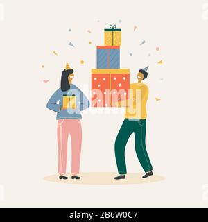 Glückliche Menschen Tragen Geschenkschachteln, Die Mit Festlichen Bögen Umhüllt sind. Stock Vektor