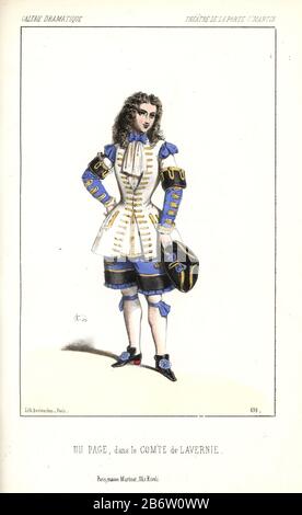 Ein Pageboy in "Le Comte de Lavernie", ein fünf-act-Drama von Auguste Maquet, an der Porte St. Martin. Er trägt eine extravagante Uniform von Weiß, Blau, Gold und Schwarz mit Bändern, Manschetten und Stickerei. Papierkörbe Lithographie von Alexandre Lacauchie von 'Galerie Dramatique: Kostüme des Theater de Paris 1854. Stockfoto