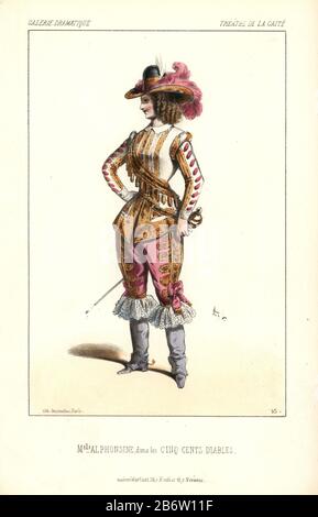 Mlle. Alphonsine in männlichen ziehen als die Prinzessin Castorine in "Les Cinq Cents Diables" im Theater de la Gaite. Schauspielerin und Sängerin Jeanne Benoit (1829-1883) unter dem Künstlernamen Mlle erschienen. Alphonsine und Mlle. Fleury. "Die 500 Devils' war ein Märchen Spektakel von dumanoir und Dennery. Papierkörbe Lithographie von Alexandre Lacauchie von 'Galerie Dramatique: Kostüme des Theater de Paris 1854. Stockfoto