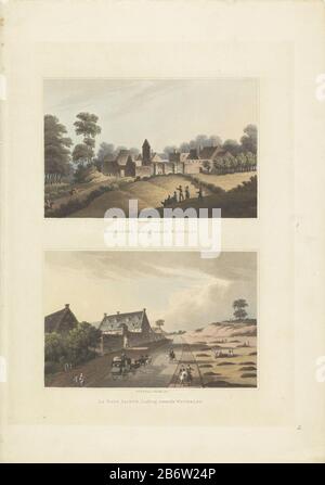 Hougoumont en La Haye-Sainte Hougomont, mit Blick auf Waterloo La Haye Sainte und Blick auf Waterloo (Titel op object) Leaf mit zwei Bildern. Oberhalb der Ruinen der Burg und des Bauernhofes von Hougoumont, Ort der schweren Kämpfe in der Nähe von Waterloo. Unter dem Bauernhof La Haye Sainte-Mont-Saint-Jean, einem Dorf in der Nähe von Waterloo. Rechts neben dem Straßengraben. Nach der Schlacht bei Waterloo am 18. Juni 1815. Hersteller : Druckmaschine: Anonymer Herausgeber: Robert Bowyer (börsennotiertes Objekt) Ort Herstellung: Druckmaschine: England Herausgeber: London Datum: 1716 Physische Merkmale: Aquatint, handfarbenes Material: Paper Tec Stockfoto