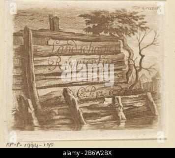 Holzzaun entlang der waterkantLandschapjes, RúWie: Ntjes etc. (Serientitobjekt) Objekttyp: Bildtitel Objektnummer drucken: RP-P-1994-195 Katalogusreferenz: Würzbach 1 Definition: Holzzaun entlang des Wassers Wo: Auf dem Serientitel auf Niederländisch. Im Hintergrund ein Dorp. Hersteller: Druckerhersteller: Caspar Jacobsz. Philips (denkmalgeschütztes Gebäude) Herausgeber: Frederick William Greebe (denkmalgeschütztes Eigentum) Ort Herstellung: Amsterdam Datum: 1766 Physikalische Merkmale: Radierung in braunem Material: Papiertechnik: Radierung / Farbabmessungen: Plattenkante: H 69 mm × W 81 mm Betreff: Zaun, Wand, Aalfluss Stockfoto