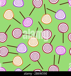 Nahtloses Muster. Lollipops mit einem spiralförmigen Muster aus violett-violett-violetten und weinroten Blumen auf hellgrünem Hintergrund Stock Vektor