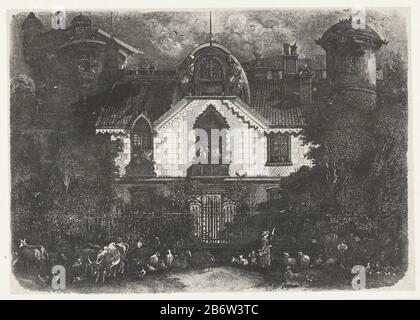 Haus mit Turm hinter einem Zaun. Die Fassade des Gebäudes ragt weiß gegen die dunkel ausgearbeitete Umgebung aus. Zwei geschnitzte Figuren schmücken die Fassade auf beiden Seiten des Dachrahmens unter einem halbrunden Gesims. Die Balkone sind Frauen, die in und um das Haus sitzen und Tauben fliegen. Der Zaun führt eine Schepherdess mit einem Distab und einem Kind, das von Vee umgeben ist. Hersteller : Druckmaschine: Rodolphe Bresdin (denkmalgeschütztes Gebäude) in seiner Gestaltung: Rodolphe Bresdin dating: 1871 Physische Merkmale: Drucklithograph auf Chine-Collé-Material Chine-Collé-Technik: Lithographie (Technik) / Radierung t Stockfoto