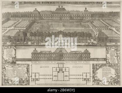 Huis ter Nieuburch in Rijswijk, plaats van de vredesonderhandelingen 1697 Maison Royale de Ryswyck ou l'on tient les conferences pour la paix (titel op object) the Huis ter Nieuwburg in Rijswijk, anstelle der Friedensverhandlungen 1697, um den Neunjährigen Krieg zu beenden. Blick auf die Haufront mit den Trainern der Unterhändler im Garten. Mit einer zweiten Stirnseite an der Fassade und einem Grundriss des Hauses. Rechts die Legende A-I und 1-19 auf Französisch. Unten in zwei Kartuschen, dekoriert mit allegorischen Figuren, die Namen der Vredesonderhandelsfiguren. Hersteller: Print mak Stockfoto