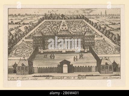 Huis ter Nieuburch te Rijswijk Het koninglyk huis te Ryswyk (titel op object) Gesicht in der Vogelperspektive bei Huis ter Nieuwburg symmetrisch zu umliegenden Gärten. Das Haus hinter dem Tor ist acht Personen unterwegs. Hersteller : Druckerhersteller Cornelis Elandtsuitgever Carel Allard (börsennotiertes Eigentum) Anbieter von Privilegien Unbekanntes (denkmalgeschütztes Eigentum) Ort Herstellung: Druckmaschine: Den Haag Herausgeber: Amsterdam Datum: 1663-1670 und/oder 1689 - 1709 Material: Papiertechnik: Radierung / Engras (Druckverfahren) Maße: Blatt: H 102 mm (abgeschnittene Innenkante der Platte) × W 159 mm (abgeschneidete Innenblech ed Stockfoto