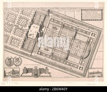 Huis ter Nieuburch traf Boomgaard en tuin Delineatio Domus Aug Celsiss Princ Fred Henrici Nassou Princ Araus Cui Nieuburgu, Nomen est prope Ryssvicum (titel op object) Das Haus in Nieu Burch in Rijswijk auf einen Blick. Verließ den Obstgarten und verließ den Garten. An den unteren Armen von Frederick Henry und Amalia van Solms, ein Gesicht auf dem Hof in den Haag, das Haus Nieu Burgh von der Vorderseite aus gesehen und ein Blick auf Delft. Hersteller : Druckerhersteller Julius Milheuser (denkmalgeschütztes Gebäude) Vom: 1644 Material: Papiertechnik: Ätzmaße: Plattenkante: H 472 mm × W 658 mm Betreff: Garde-Palast wo: Huis ter Nieuburc Stockfoto