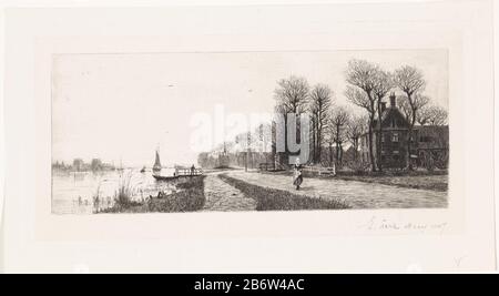 Huizen aan de Amstel Beherbergt entlang des Flusses Amstel. Auf der Straße befindet sich ein Vrouw. Hersteller : Druckerhersteller Elias stark (persönlich signiert) Ort Herstellung: Neues Amstel Datum: März-1887 Physikalische Merkmale: Ätzung und Aquatint auf Chinesenkollé Material: Papierkochenkollé Technik: Ätzung / Aquatinta Abmessungen: Plattenkante: H 168 mm b × 338 mm Betreff: Fluss (+ Landschaft mit Figuren, Mitarbeiter) Wo: Amstel Stockfoto