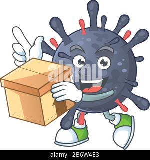 Eine Ikone des Coronavirus Epidemic Maskottchen-Designstils mit einer Schachtel Stock Vektor