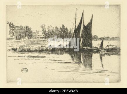 Hurlingham A-Reihenboote sind im Wasser verankert, noch in zwei mit den Segeln. Auf der Bank eine Nummer huizen. Hersteller: Druckmaschine James Abbott McNeill Whistler (denkmalgeschütztes Gebäude) in seinem Entwurf: James Abbott McNeill WhistlerPlaats Herstellung: England Datum: 1879 Physikalische Merkmale: Radierung und Trockenpunkt Material: Papiertechnik: Radierung / Trockenpunkt Abmessungen: Plattenkante: H 136 mm × W 201 mm Betreff: Segelschiff, Segelboot Fluss wo: Hurlingham Stockfoto