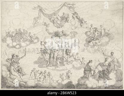 Huwelijk van Bacchus Het leven der Bacchanten (Serietitel) In der Mitte Bacchus und Ariadne seine Frau in einem brennenden Altar. Oben in den Wolken Juno und Jupiter. Die Wolken verließen die Musen und rechts die Drei Grazien. Links für Minerva und Merkur, rechts Pluto mit Tweetand. Hersteller : Druckerhersteller Gerard Detector (denkmalgeschütztes Gebäude) in seinem Entwurf: Gerard Detector (denkmalgeschütztes Gebäude) Herausgeber: Gerard Detector Ort Herstellung: Amsterdam Datum: 1725 Physikalische Merkmale: Ätzmaterial: Papiertechnik: Ätzmaße: Blatt: H 205 mm × W 285 mm Betreff: Hochzeit von Bacchus und Ariadnetwo-pronged fo Stockfoto