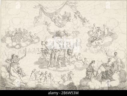 Huwelijk van Bacchus Het leven der Bacchanten (Serietitel) In der Mitte Bacchus und seine Frau Ariadne an einem brennenden Altar. Oben in den Wolken Juno und Jupiter. Die Wolken verließen die Musen und rechts die Drei Grazien. Links für Minerva und Merkur, rechts Pluto mit Tweetand. Hersteller : Druckerhersteller Gerard Detector Nach eigenem Entwurf: Gerard Detector Publisher: Gerard Detector Place Manufacturing: Amsterdam Date: 1725 Physical Features: Ätzmaterial: Papiertechnik: Ätzmaße: Blatt: H 198 mm × W 275 mm Betreff: Hochzeit von Bacchus und Ariadnetwo-pronged fork  Attribute oder Pluto Stockfoto