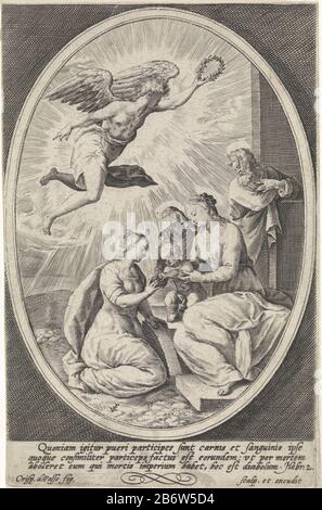 Die heilige Katharina von Alexandrien kniet zu Christuskind, einem Ring auf ihrem Fingerschlitten. Anna, Maria und Joseph zuschauen. Darüber ein Engel mit Lorbeerkranz. In den Rändern Haben Sie einen dreizeiligen Bibelzitat. 2 in Latijn. Hersteller: Druckmaschine: Crispijn von Passe (I) (denkmalgeschütztes Gebäude) in seiner Gestaltung: Crispijn von Passe (I) (denkmalgeschütztes Gebäude) Herausgeber: Crispijn von Passe (I) (Objektliste) Ort Herstellung: Unbekanntes Datum: 1574 - 1637 Physische Merkmale: Fahrzeugmaterial: Papiertechnik: ENGRAA (Druckverfahren) Abmessungen: Blatt: H 150 mm × W 97 mm Betreff: Die mystische Ehe der heiligen Katharina von Alexand Stockfoto