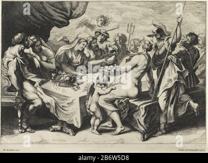 Huwelijk van Peleus en Thetis Peleus und Thetis sitzen während ihres Hochzeitsbanketts mit den Göttern des Olymp am Tisch. Zwei Körbe Obst auf dem Tisch. Quecksilber hat nur den apfel der schönsten Göttergebacht. Hersteller: Druckmaschine: Frans van den Wijngaerde (denkmalgeschütztes Gebäude), entworfen von Peter Paul Rubens (denkmalgeschütztes Gebäude) Herausgeber: Frans van den Wijngaerde (denkmalgeschütztes Eigentum) Ort Herstellung: Antwerpen Datum: 1636 - 1679 Physikalische Merkmale: Radierung und Engra-Material: Papiertechnik: Radierung / Engra-Abmessungen: Blatt: H 307 mm × W 416 mm Betreff: Heirat von P Stockfoto