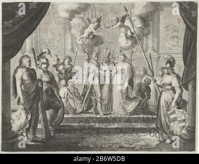 Huwelijk van koning Hendrik IV van Frankrijk traf 1638 Maria de' Medici Feestelijkheden bij het bezoek van Maria de' Medici aan Amsterdam (serietitel) Die Heirat von Heinrich IV. Mit Maria de 'Medici 17. dezember 1600. Im Vordergrund Hercules, Mars und Minerva. Präsentation am Triumphtor auf dem Staudamm. Platte 3 der Abbildungen in der Beschreibung der Feierlichkeiten rund um den Besuch von Maria de 'Medici in Amsterdam vom 31. August bis 5. September 1638. Hersteller : Druckerhersteller Pieter Nolpenaar Design: Nicolaes Moeyaert Verlag: John Willemszoon Blaeu Verlag: Cornelis Bl Stockfoto