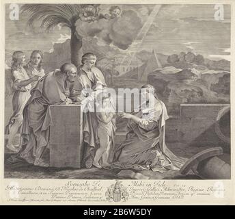 Huwelijk van de heilige Catharina Die mystische Ehe der heiligen Katharina von Alexandrien mit dem Christkind in Gegenwart von Josef und Maria und zwei Engeln. Katharina kniet vor Christus, ihr Ringfinger rutscht. Auf dem Boden neben Katharina sind ihre Attribute: Ein Palmzweig, offenes Buch geschlagen und das Fragment einer Who: L. Im Hintergrund eine Landschaft mit Gebäuden. Auf einer Wolke zwei Putten, Wobei: Eine Palme zupft. Hersteller : der von Sébastien Bourdon (unter Denkmalschutz stehendes Gebäude) gestaltete Druckereihersteller Michel Natalis (unter Denkmalschutz stehendes Gebäude) Herausgeber: Pierre Mariette (II) (unter Denkmalschutz stehendes Gebäude) Anbieter von pr Stockfoto